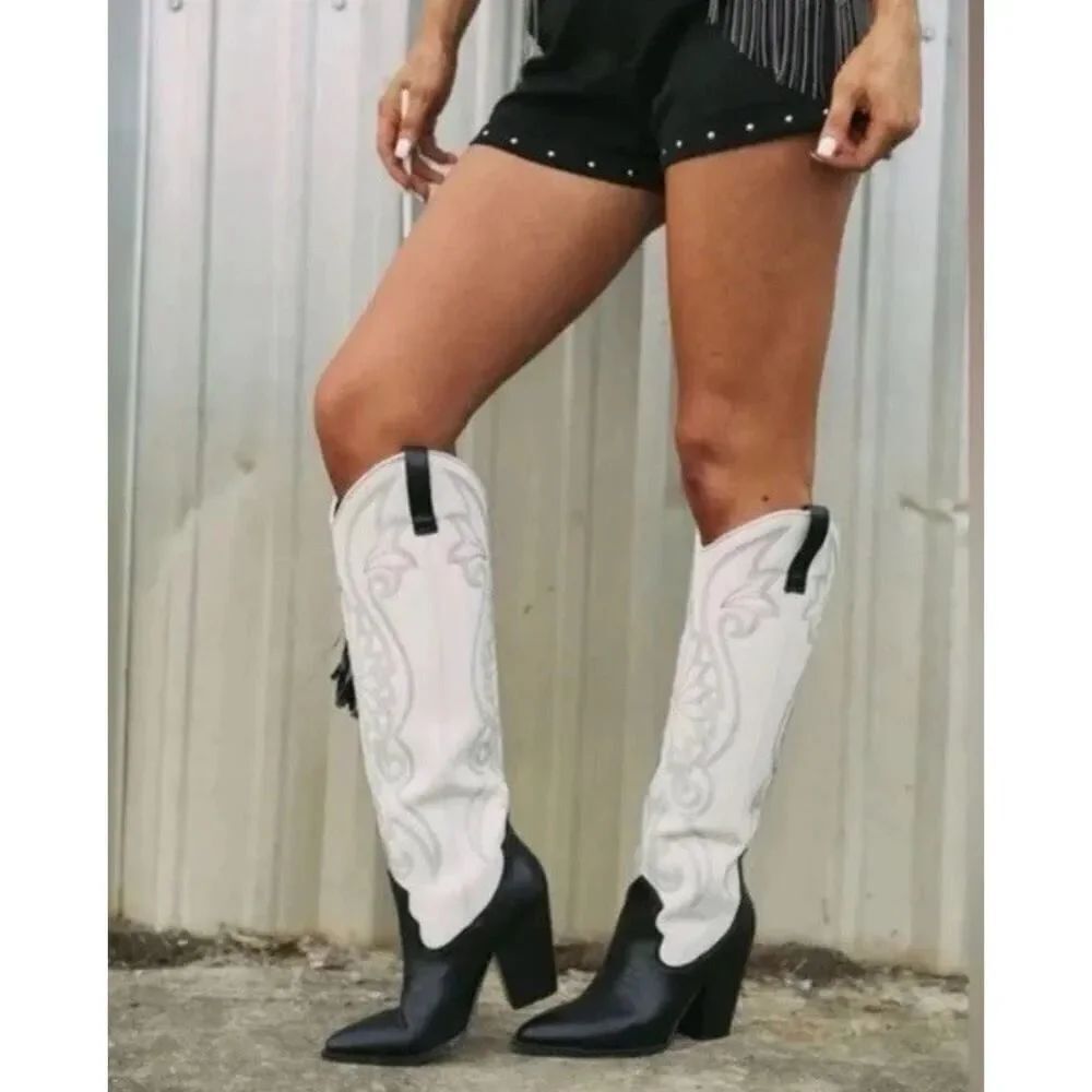 Steve Madden Lasso White Black Leather Western Tall Boots Size 8 Cowboy Style - Picture 3 of 6